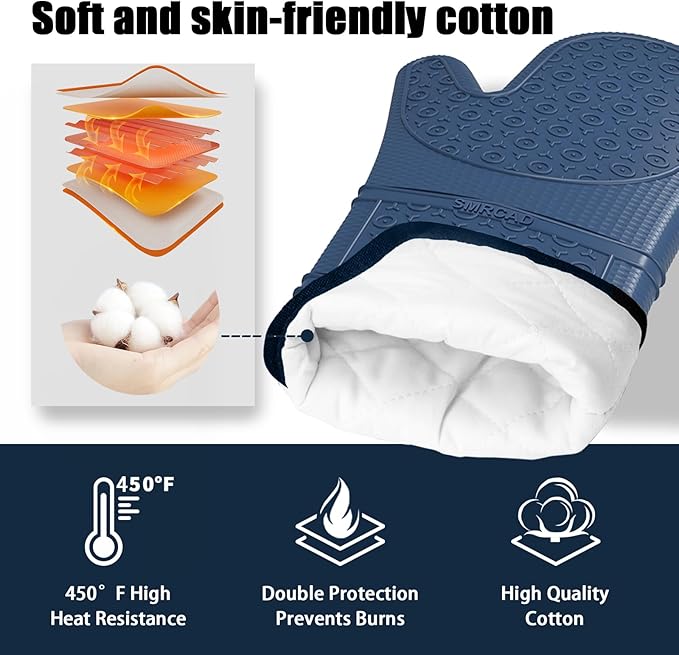 Oven Mitts with Heat-Resistant Hot Pads and Five Silicone Spatulas Designed for Kitchen Baking Cooking, Oven Glove Soft Cotton Lining, Waterproof, BPA-Free (Dark Blue, 15.7)