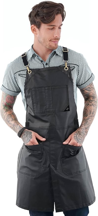 Under NY Sky Cross-Back Panther Black Apron – Coated Twill with Leather Reinforcement and Split-Leg – Adjustable for Men and Women – Pro Barber, Tattoo, Hair Stylist, Barista, Bartender, Server Aprons
