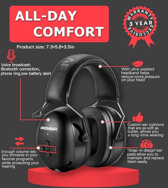 PROHEAR 037 Bluetooth 5.3 Hearing Protection Headphones with Rechargeable 1500mAh Battery, 30dB SNR Safety Noise Reduction Ear Muffs 120H Playtime for Mowing, Workshops, Snowblowing - Black