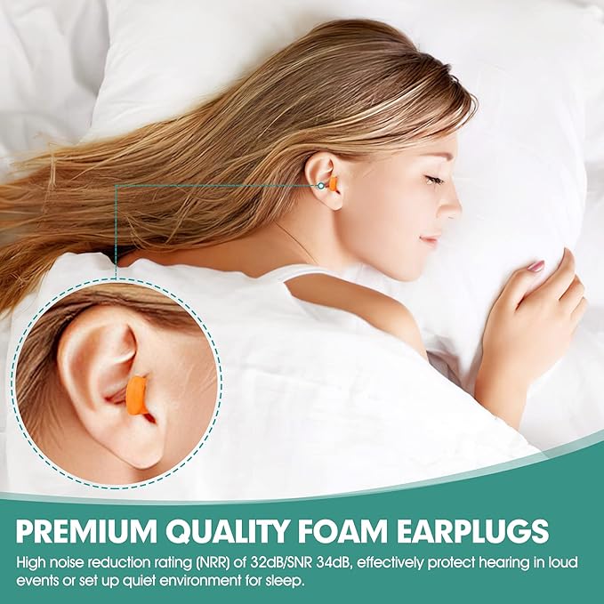 Orange Foam Ear Plugs 100 Pairs (200 Count) - 33dB NRR Highest Protection, Soft & Comfortable Noise Canceling Earplugs for Sleeping, Work, Snoring, Construction, Loud Noise