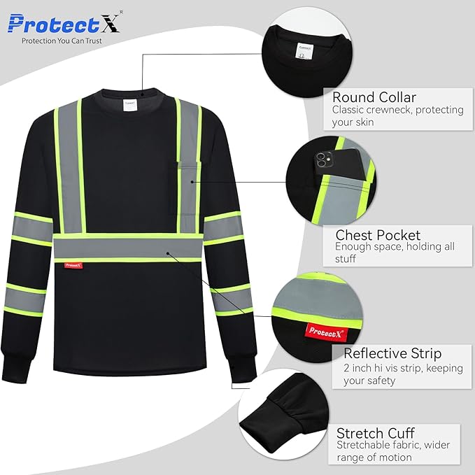 ProtectX High Visibility Long Sleeve Shirts Reflective Hi Vis Safety Shirt for Men Women Class 2-3 Construction Shirt 1 Pack