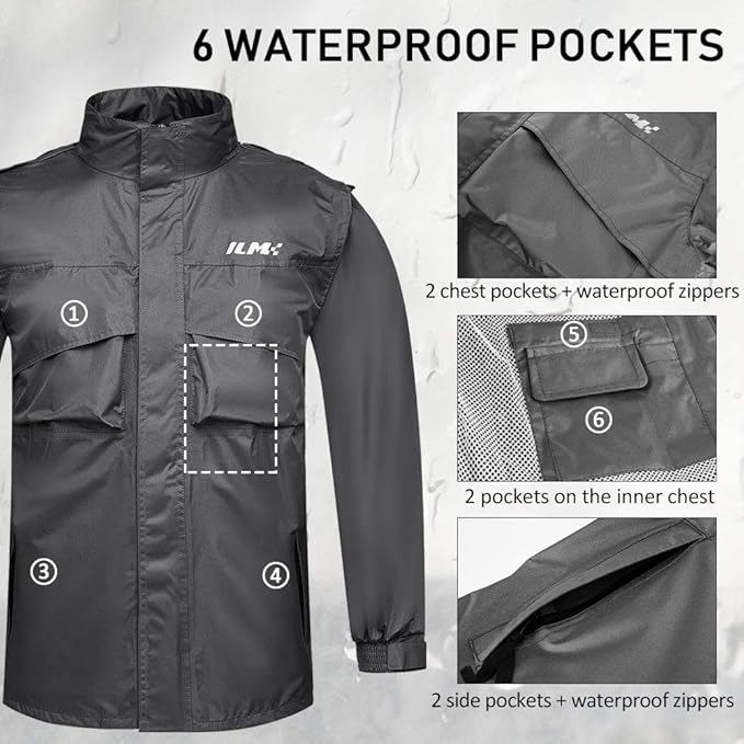 ILM Motorcycle Rain Suit for Men Waterproof Resistant Raincoat 6 Pockets 2 Pieces Packable Rainwear Jacket and Pants Model RS02