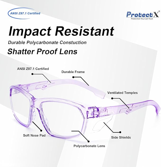 ProtectX Stylish Anti-Fog & Scratch-Resistant Safety Glasses, UV Protection Goggles, Anti-Impact Lightweight Glasses for Men＆Women Lilac Clear - 6 Pack