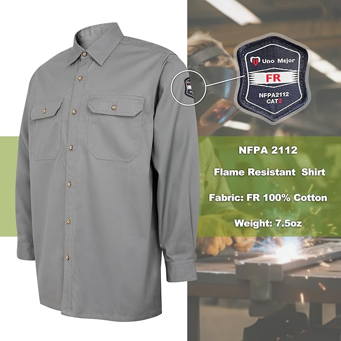 FR Shirts for Men 7.5oz Welding Shirt, 100% C Flame Resistant Welding Jacket, Men's Fire Retardant FR Clothing for Men, Durable Welding Gear for Safety Work, Meets NFPA2112, Grey-ZRND XL