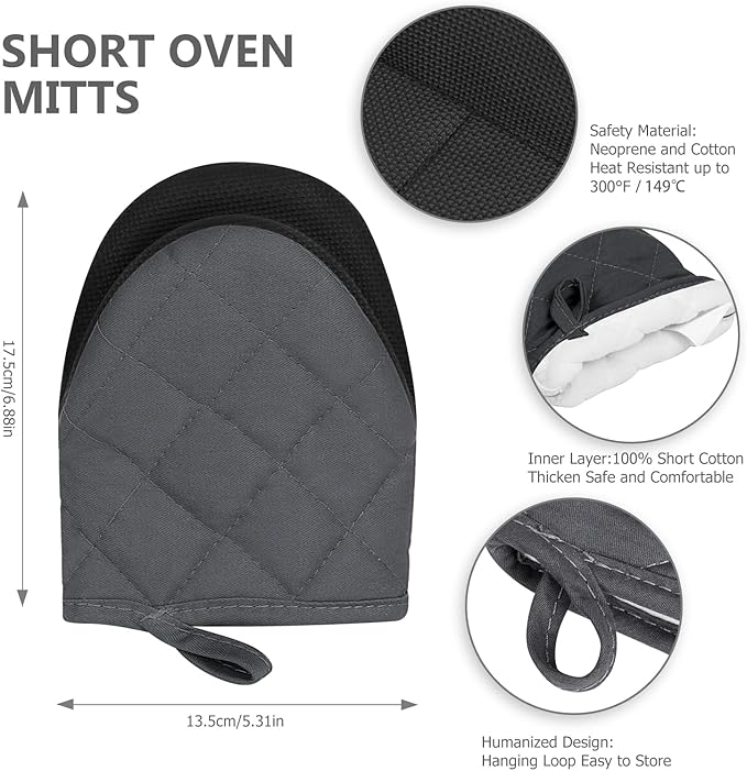 1 Pair Short Oven Mitts - Silicone Kitchen Oven Gloves High Heat Resistant 500℉, Mini Oven Mits with Non-Slip Grip Surfaces and Hanging Loop for BBQ, Baking, Cooking and Grilling (Solid Gray)