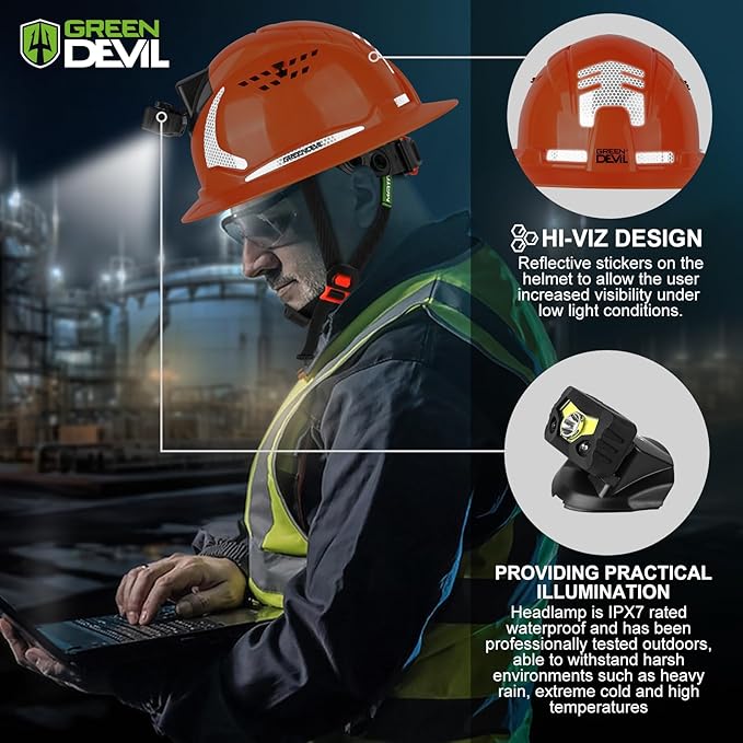 GREEN DEVIL Matrix Full Brim Hard Hat with Headlight Vented Construction Safety Helmet OSHA Approved Cascos De Construccion Work Hardhat for Men&Women