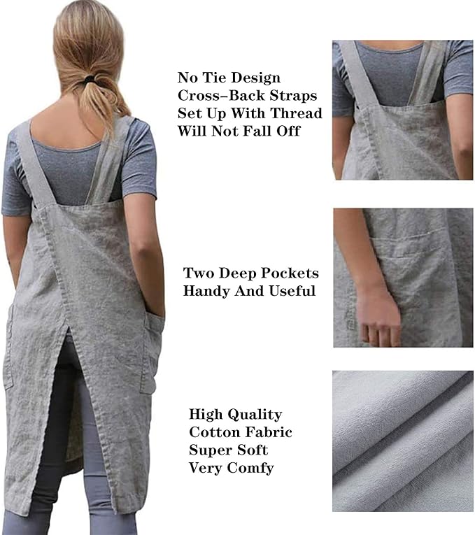 YESDOOD Cotton Linen Apron Cross Back Apron for Womens with Pockets Pinafore Dress for Baking Cooking