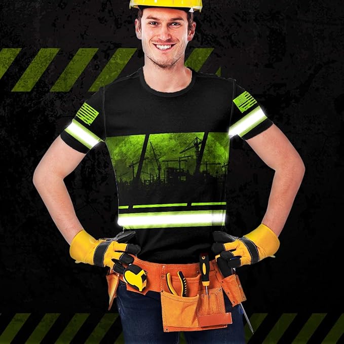Matedecor Skull High Visibility Shirt Men Reflective Safety Shirts US Flag Custom Name Workwear, Runners, Walkers, Patriotic