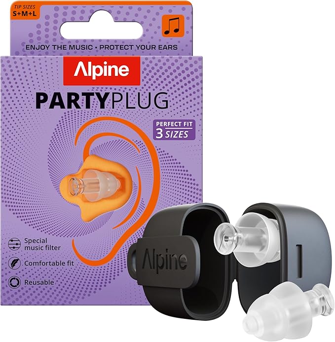Alpine PartyPlug Concert Ear Plugs with 19dB Noise Reduction - Reusable Hearing Protection for Music Festivals, Raves & Live Events, Clear Sound Quality, Incl. 3 Tip Sizes (S/M/L), Transparent
