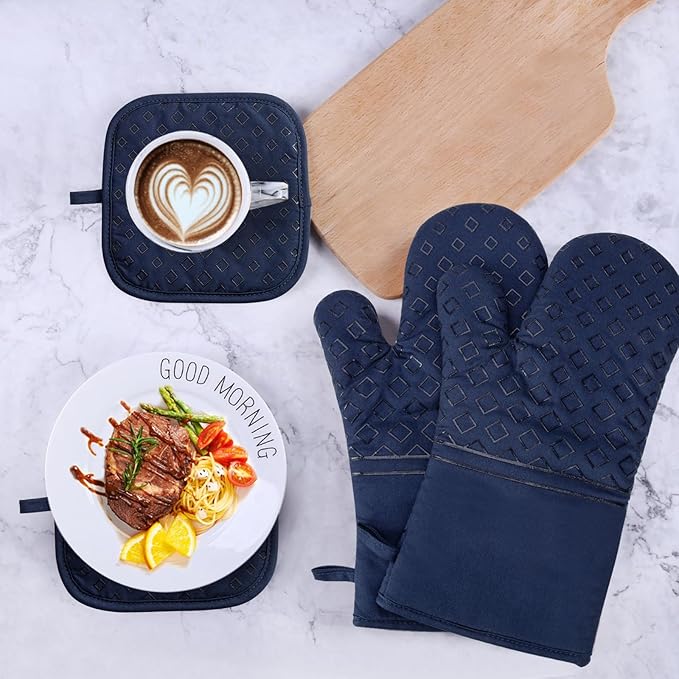 Set of 4 Oven Mitts and Pot Holders, 482 F Heat Resistant Hot Plate Moving Non-Slip Gloves for BBQ, Grill, Baking, Cooking, Oven, Microwave (Deep Blue)