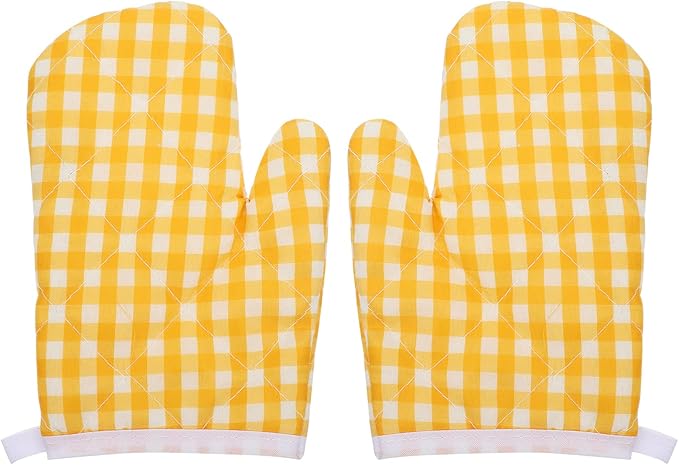 2Pcs Oven Mitts for Play Kitchen, Anti- Scald Gloves Microwave Oven Gloves Kitchen Mitts for Safe Baking Cooking (Yellow Checkered)