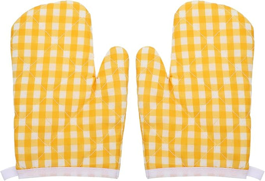 2Pcs Oven Mitts for Play Kitchen, Anti- Scald Gloves Microwave Oven Gloves Kitchen Mitts for Safe Baking Cooking (Yellow Checkered)
