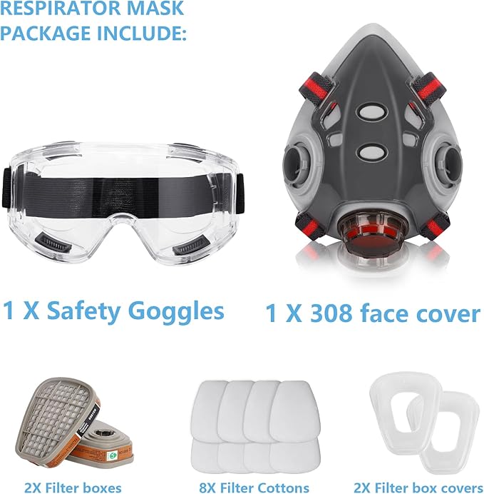 Respirator Mask with Filters, Reusable Half Face Cover Gas Mask with Safety Glasses Professional Breathing Protection Against Painting/Chemicals /Organic Vapors Perfect for Painters and DIY Project