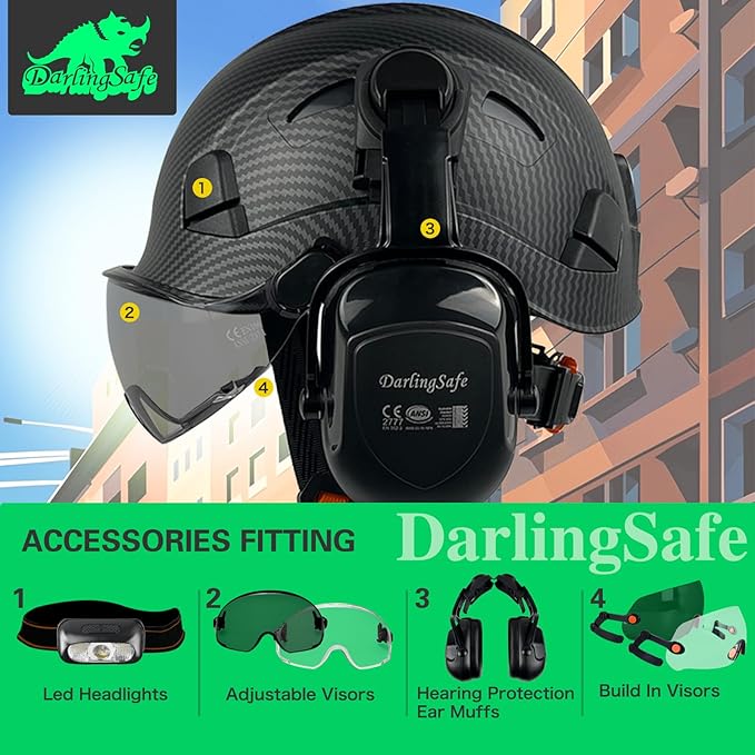 DS-A8S Matte Black Hard Hats with Visor Ear Muffs Safety Helmet Outdoor Work Head Protection ANSI Z89.1 OSHA Approved Industrial Forestry