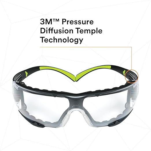 3M Safety Glasses for Men and Women, SecureFit 400, 1 Pair, Z87, Anti-Fog Anti-Scratch Clear Lens, Green/Black Frame, Polycarbonate, UV Protection, Flexible Temples, Removable Foam Gasket