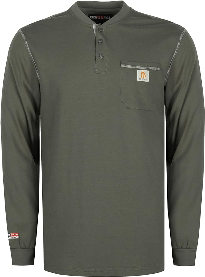 BOCOMAL FR Shirts for Men 5.5oz Lightweight Long Sleeve Work Henley Fire Resistant Shirt CAT2