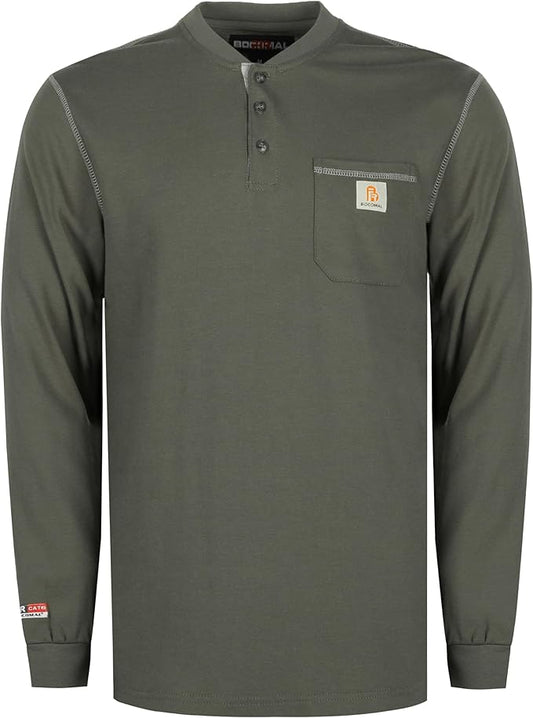 BOCOMAL FR Shirts for Men 5.5oz Lightweight Long Sleeve Work Henley Fire Resistant Shirt CAT2