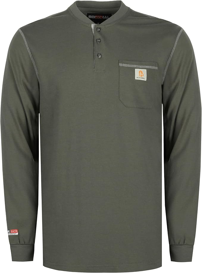 BOCOMAL FR Shirts for Men 5.5oz Lightweight Long Sleeve Work Henley Fire Resistant Shirt CAT2