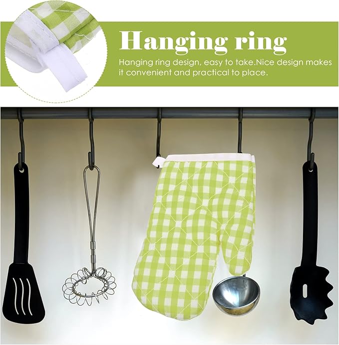 2Pcs Oven Mitts for Play Kitchen, Anti- Scald Gloves Microwave Oven Gloves Kitchen Mitts for Safe Baking Cooking ( Green Checkered )