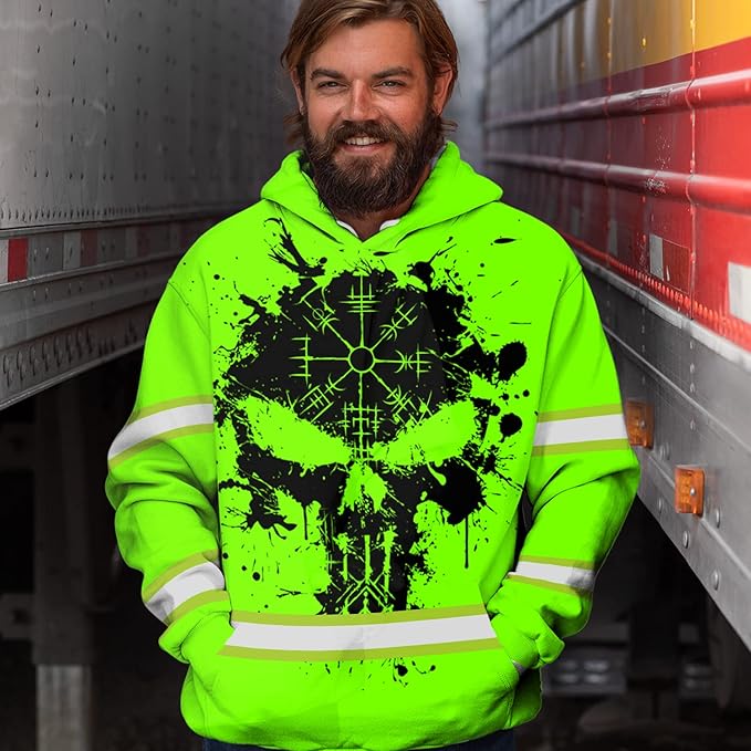Matedecor Skull High Visibility Shirt Men Reflective Safety Shirts US Flag Custom Name Workwear, Runners, Walkers, Patriotic