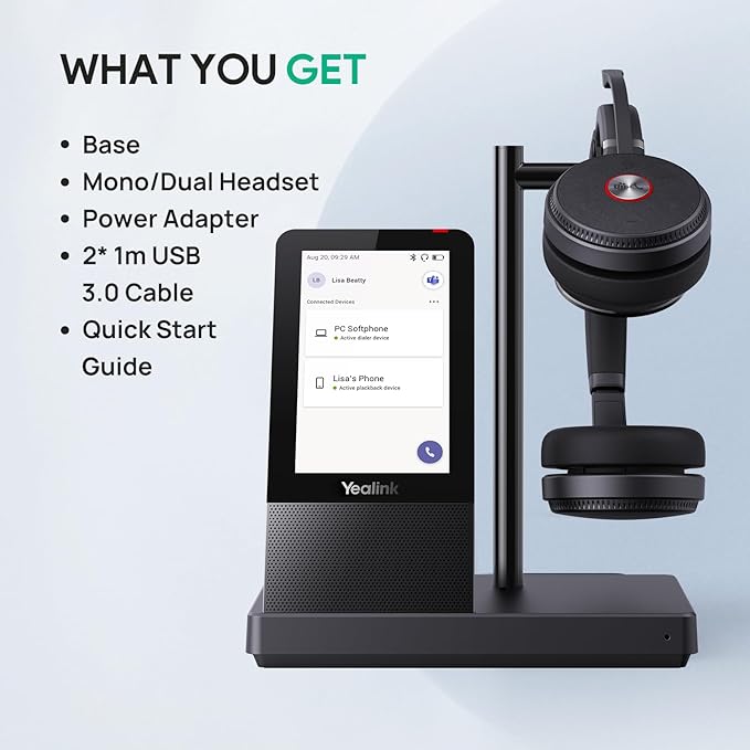 Yealink WH66 Wireless Headset with 4" Screen, DECT Headset for Teams,Zoom Skype Certified,Bluetooth Headsets with 525ft Range,Full-Duplex Speaker,14h Call Time,Office Work Headphone for Desk Phone,PC