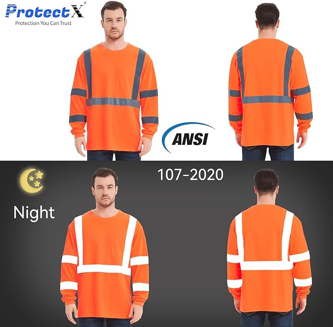 ProtectX Men's High Visibility Heavy Duty Long Sleeve Reflective Safety T-Shirts for Construction, Class 2-3 Type R