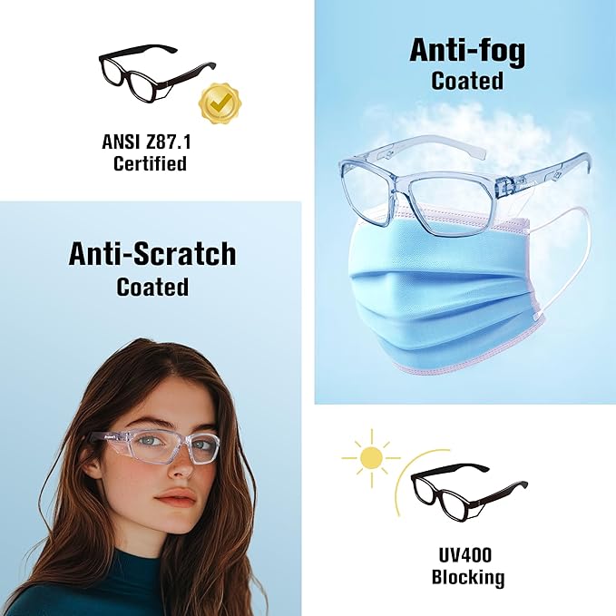 ProtectX Stylish Anti-Fog & Scratch-Resistant Safety Glasses, UV Protection Goggles, Anti-Impact Lightweight Glasses for Men＆Women Clear - 2 Pack,Blue