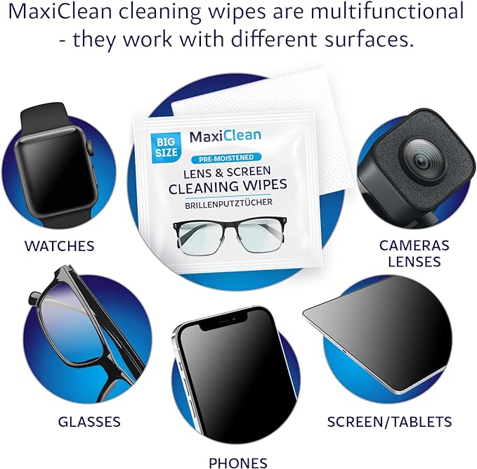 Glasses Wipes Lens Cleaner - Lens Wipes for Eyeglasses - 600 Pre-moistened Individually Wrapped Wipes for Eye Glasses, Electronics, Phone, Computer, Laptop Screen - Camera Lens Cleaner - Made in EU