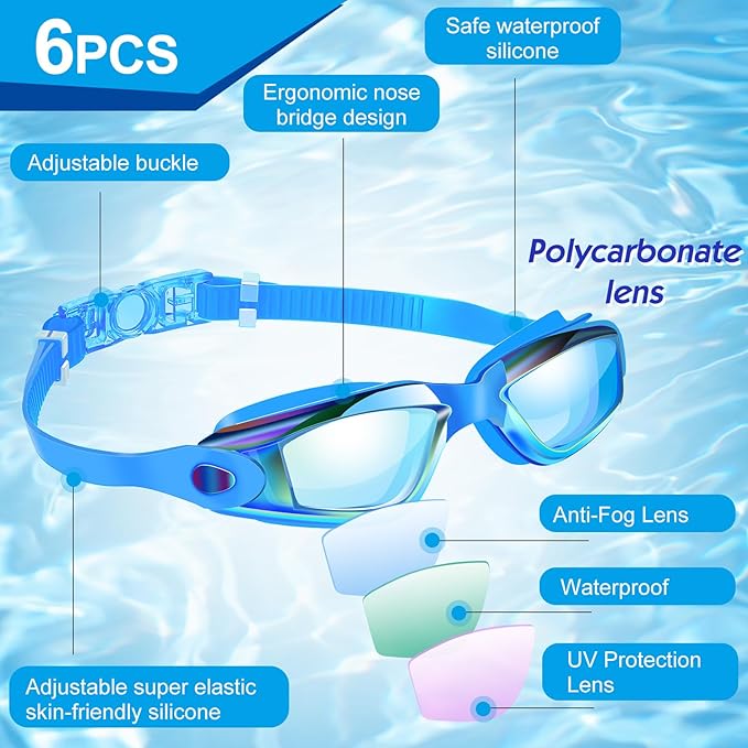 Flutesan 6 Pack Swimming Goggles Adult Kids Anti Fog Pool Goggles with Ear Plugs Nose Clip No Leaking Full Protection