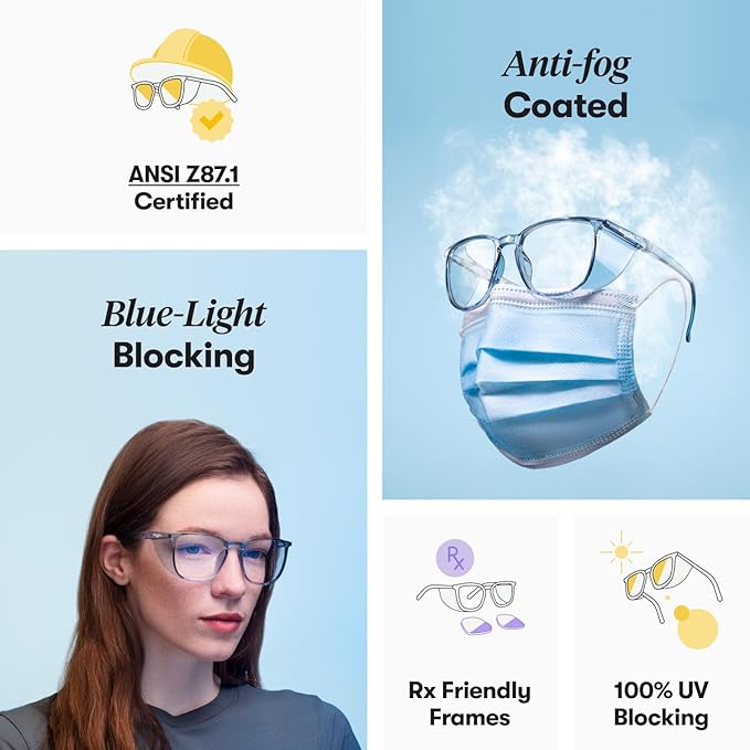 Stoggles Rectangle Z87.1 Certified Safety Glasses, Blue-Light, UV Blocking Lens, Top & Side Shield, Anti-Fog, Stylish Eyewear