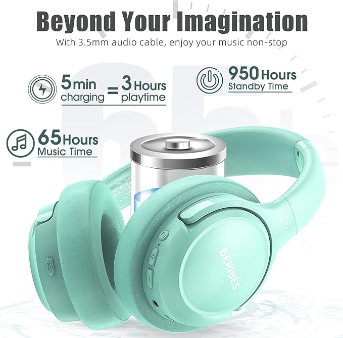 BERIBES Bluetooth Headphones Over Ear, 65H Playtime and 6 EQ Music Modes Wireless Headphones with Microphone, HiFi Stereo Foldable Lightweight Headsets(Green)