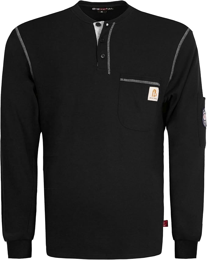 BOCOMAL FR Shirts Flame Resistant Henley Shirt NFPA2112/CAT2 7oz Men's Long Sleeve Fire Retardant Clothing