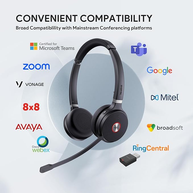 Yealink WH62 Portable Wireless Headset with DECT Dongle, 393 ft,Teams, Zoom Skype Certified, Office Work Headphones with 2X Noise Cancelling Mic, 13H Call Time, (Computer, Desk Phone)