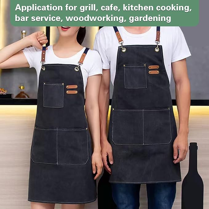 Chef Apron, Aprons for Men,Adjustable Strap Cotton Canvas Cross Back Apron for Kitchen Cooking Baking Bib Apron