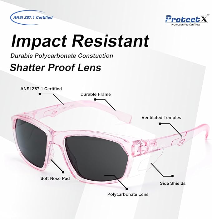 ProtectX Stylish Anti-Fog & Scratch-Resistant Safety Glasses With Readers, UV Protection Goggles, Anti-Impact Lightweight Glasses for Men＆Women Pink Tinted Smoke - 6 Pack