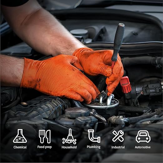 10mil Nitrile-Gloves Disposable-Orange Chemical-Resistant Rubber - Mechanic Gloves Heavy Duty Latex Free Diamond Grip (100, Large)