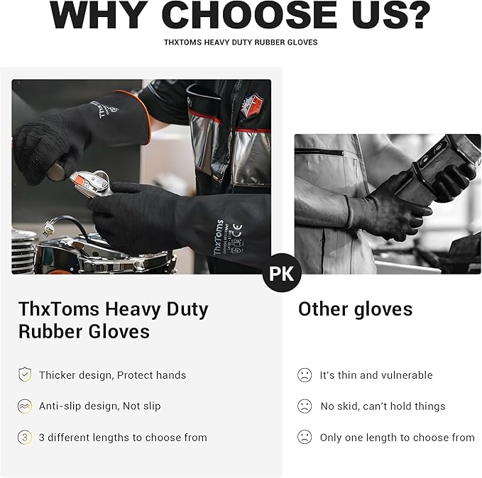 ThxToms Heavy Duty Rubber Gloves, Industrial Chemical Resistant Gloves Waterproof Reusable Protective Work Gloves for Cleaning, Dishwashing,Upgraded with Non-Slip Design, Black, 14" 1 Pair