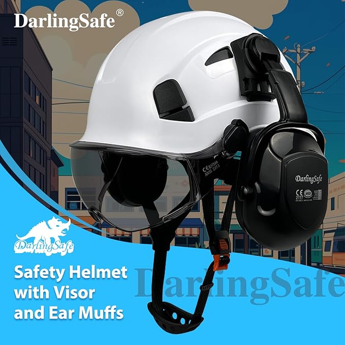 Hard Hat with Visor Ear Muffs Vented Safety Helmet with Visor Earmuffs ANSI Z89.1 Outdoor Work Hardhats Construction