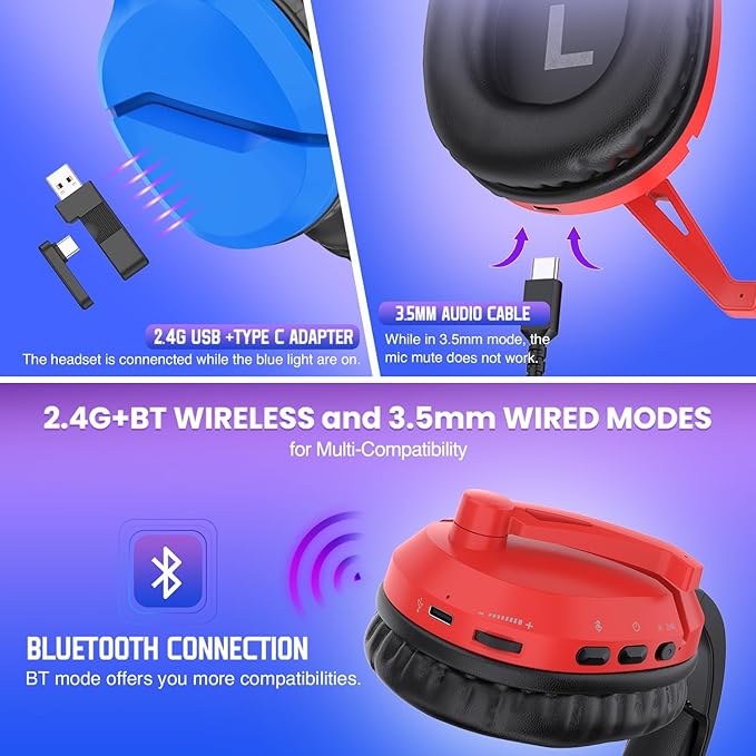 Wireless Gaming Headset with Noise Canceling Microphone for PS5, PC, PS4, 2.4G/Bluetooth Gaming Headphones with USB and Type-c Connector, Wired Mode for Controller - Blue and Red