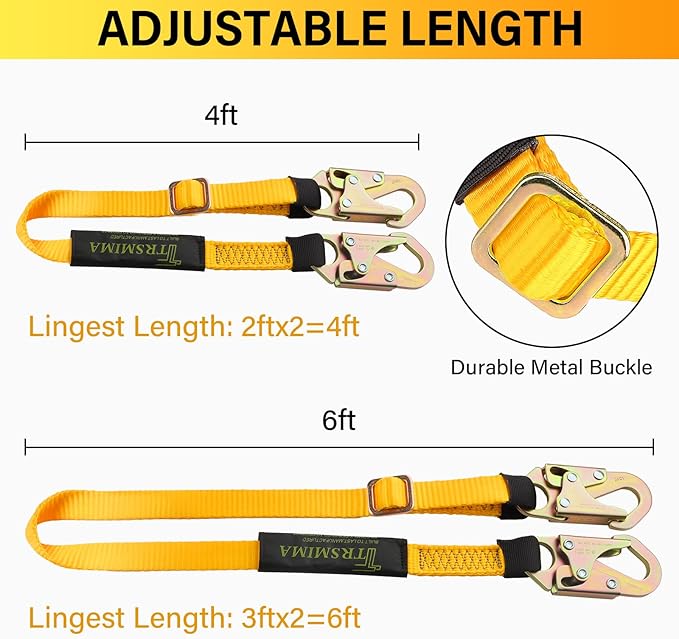 TRSMIMA Tree Climbing Safety Lanyard - 4ft to 6ft Adust Fall protection Webbing Belt Hunting Roof Strap Double Rebar Hook