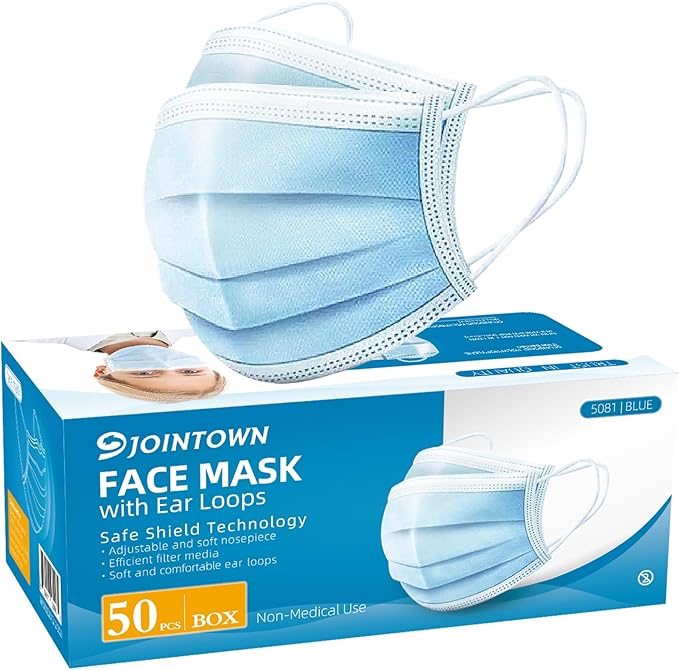 Jointown Disposable Face Mask - 3 Ply Filter Protection Face Masks, 50 Pack Blue