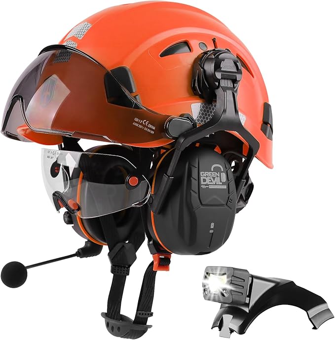 GREEN DEVIL Hard Hat Safety Helmet with Visor Bluetooth Ear Muffs and Headlamp 5 in 1 Full Protection Vented Work Hardhat ANSI Z89.1 Cascos De Construccion for Industrial Construction Forestry