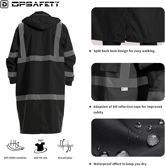Hi Vis Rain Jacket with 3M Reflective Stripe,High Visibility Class 3 Rain coats,Safety Waterproof Rain Suits for Men with Hood and 2 Large Pockets construction work rain gear(Black M)