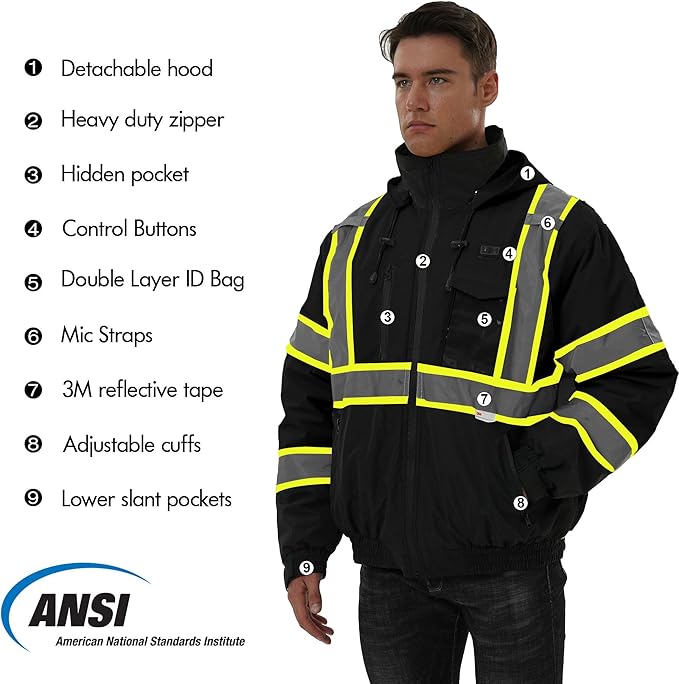 SKSAFETY Heated Safety Bomber Jacket, Class 3 Hi-Vis Waterproof Coat, 3M Reflective Tape, Work Construction Coats
