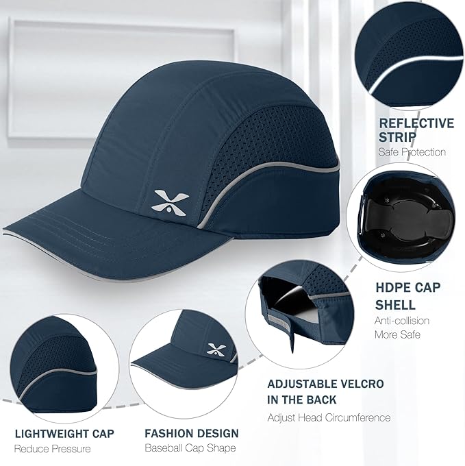 Lightweight Safety Bump Cap - Breathable Baseball Style Protective Hat with Reflective Stripes