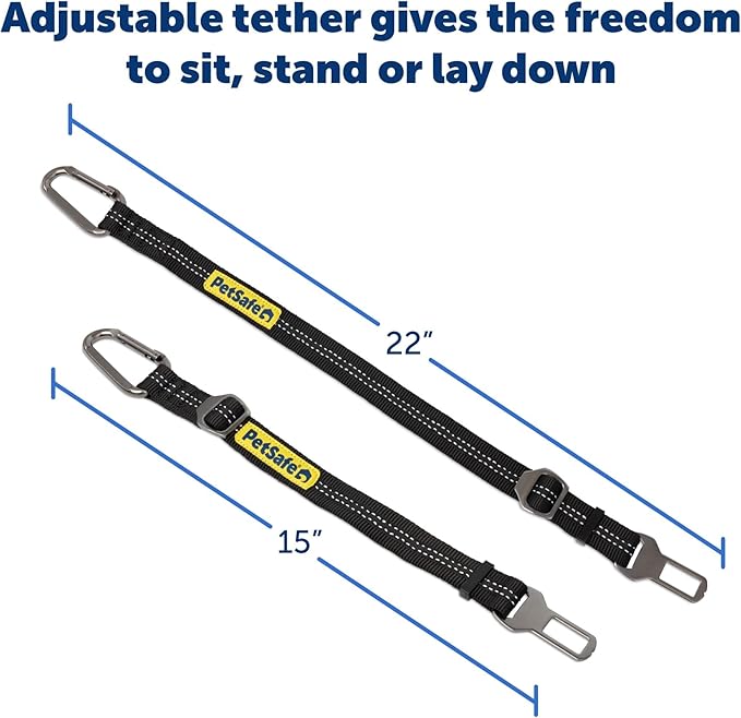 PetSafe Safety Seatbelt Tether – Adjustable Dog Seat Belt for Car – Works with Any Harness – Carabiner Clip, Black – 1 Seat Belt Tether