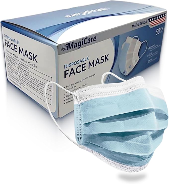 MAGICARE Made in USA Masks - Blue Disposable Face Masks - Medical Grade (ASTM Level 1) - Premium 3 Ply Face Masks Disposable - Comfortable, Soft, Breathable Face Mask for Adults - 50ct Box