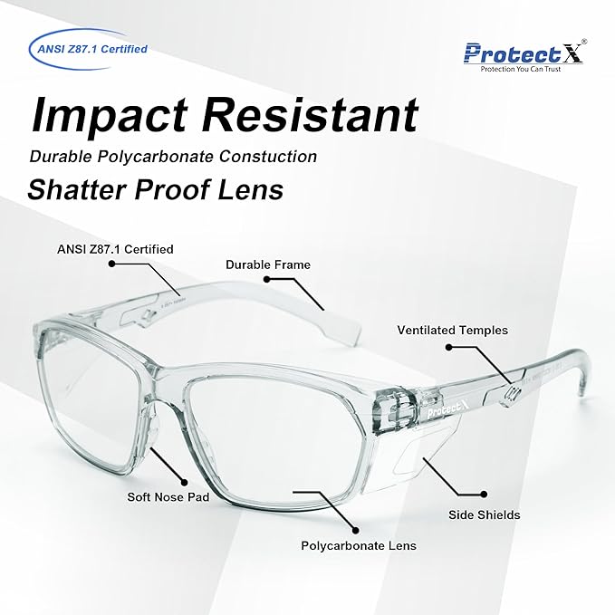 ProtectX Stylish Anti-Fog & Scratch-Resistant Safety Glasses, UV Protection Goggles, Anti-Impact Lightweight Glasses for Men＆Women Charcoal Clear