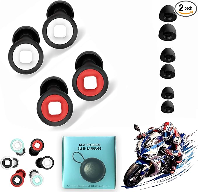 Motorcycle Ear Plugs, Moto Ear Plugs, 27dB Noise Cancelling air Plugs Motorcycle, Reusable Washable Motorcycle Ear Protection (2Pairs Black with Red + Black with White, One Size)