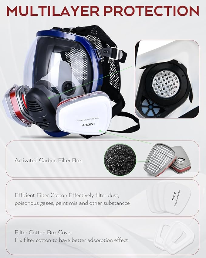INCLY Full Face Respirator Mask, Safe Gas Masks Cover with Asbestos & Filter Reusable for Against Smoke, Dust, Chemical, Paint, Sanding, Welding, Vapors,Hazmat, Logging